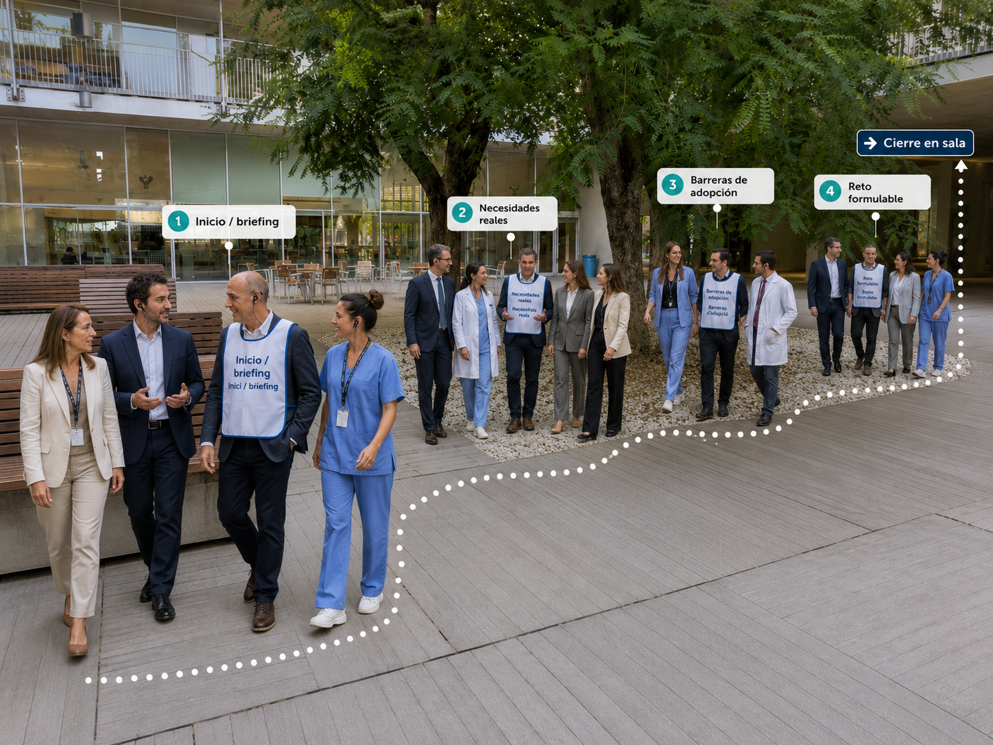 Profesionales sanitarios participando en un debate caminando
